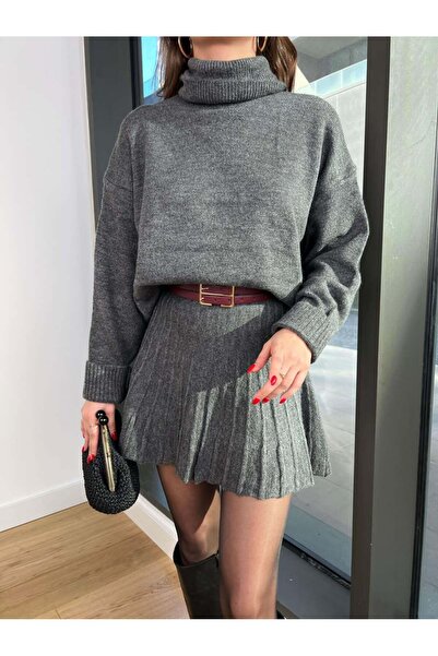 POİNE Women's Stylish High-Neck Sweater-Skirt Basic Top and Bottom Set