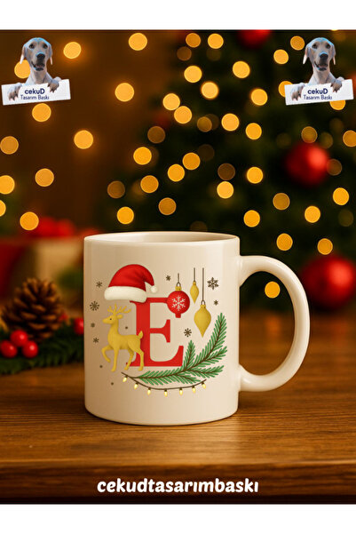 cekud tasarım baskı Yılbaşı Temalı Harfli Kupa – Beyaz (Harf: E)