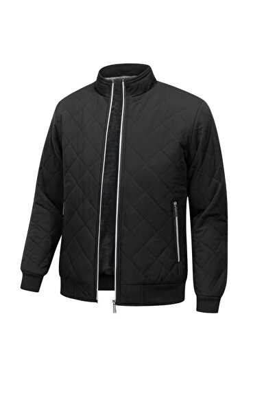 Silver Men's ribbed winter jacket - with a fur-lined interior - coat with a metal accessory and high neck