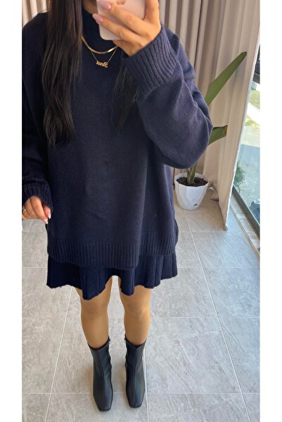 POİNE Women's Stylish High-Neck Sweater-Skirt Basic Top and Bottom Set