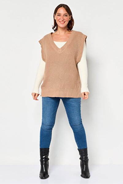 Sinsay Women V-Neck Knitted Sweater Vest, Brown