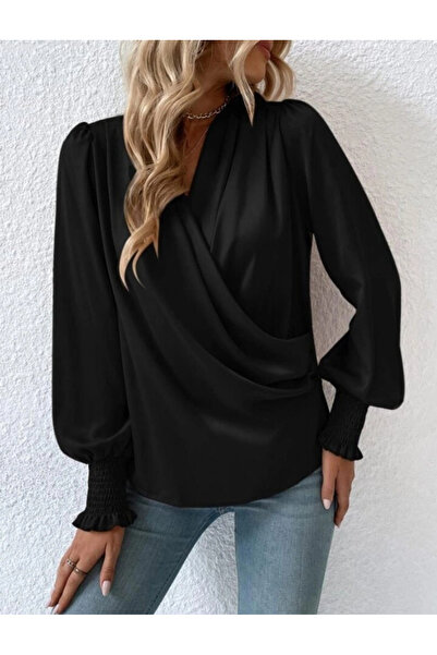 GENCULUS Women's Long Sleeve Flowing Double Breasted Collar Sleeve Tipped Sandy Blouse