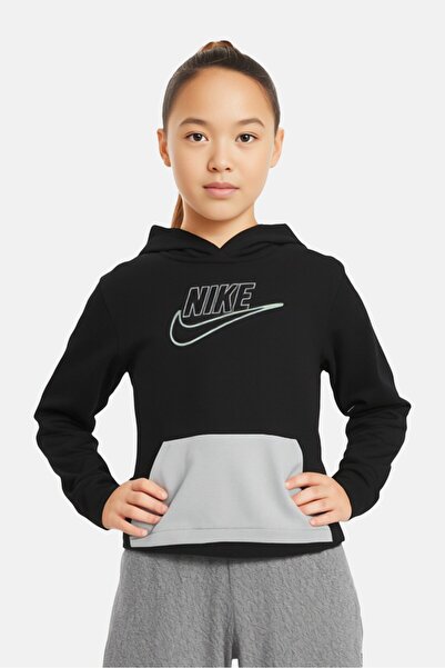 Nike سويت شيرت خارجي بأكمام طويلة بغطاء رأس مطرز بشعار للبنات الصغار، أسود