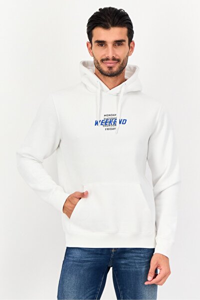 CELIO Men Hood With Drawstring Print Long Sleeve Hoodie, Optical White