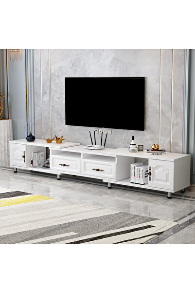 Venpara Expandable TV Stand Cabinet 140-220cm, Multi-Shelf Storage, Modern White TV Table