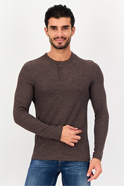 CELIO Men Crew Neck Long Sleeve Textured T-Shirt, Charcoal