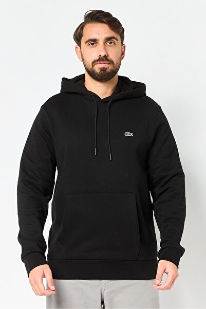 Lacoste هودي رجالي كلاسيكي بأكمام طويلة وشعار مطرز، أسود