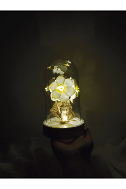 Kibele Sanat Dekoratif Ledli Hasır Buketli Beyaz Nergis Bahçesi Teraryum Fanu...