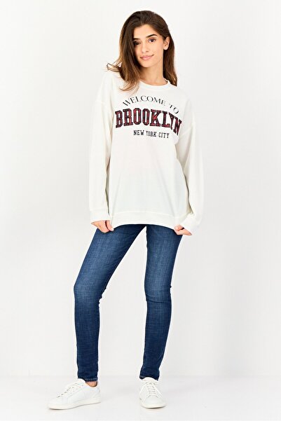 No Comment Women Crew Neck Long Sleeve Embroidered Sweatshirt, Off White