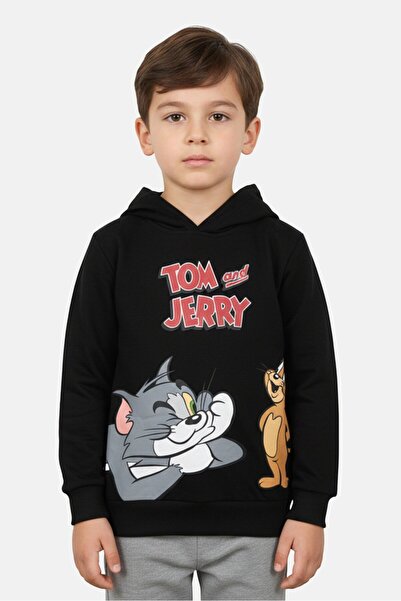 Warner Bros Toddlers Boy Long Sleeve Tom And Jerry Hooded Sweatshirt, Black