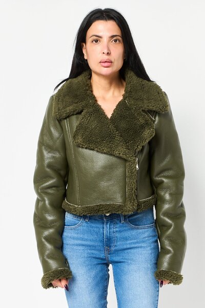 Don't Call Me Jennyfer Women Textured Leather Motorcycle Jacket, Dark Olive