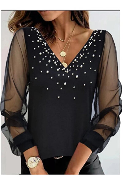 GENCULUS Women's Long Sleeve V-Neck Sleeves Tulle Neckline And Chest Pearl Detail Crepe Blouse