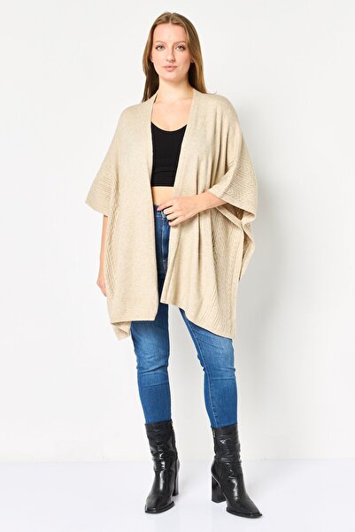 Poof Women Split Neck Knitted Cardigan, Beige