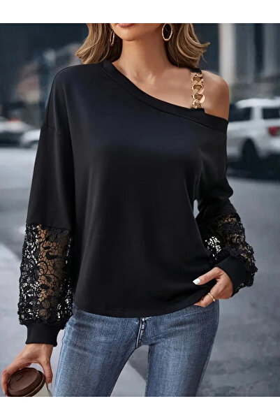 GENCULUS Women's Long Sleeve One Shoulder Open Strap Buckle and Lace Detail Viscose Two Thread Blouse