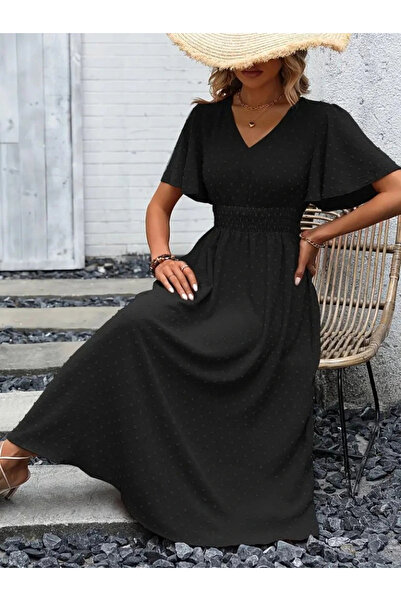 GENCULUS Women's Short Sleeve Flounced Sleeve Waist Gipped Jacquard Voile Midi Length Dress