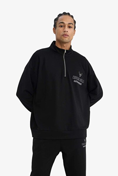 DeFacto Defactofit Nba Chicago Bulls Oversized Wide Fit Mock Neck Zipper Sweatshirt F9813Ax25Au