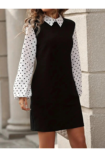 GENCULUS    Women's Long Sleeve Collared Sleeves and Lapel Polka Dot Detailed Imported Crepe Dress