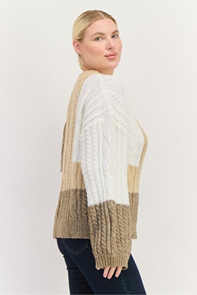 En Saison Women Crew Neck Colorblock Sweater, Beige Combo