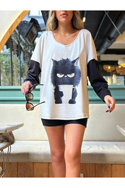 GENCULUS Women's long sleeve v neck cat printed raised plunge blouse