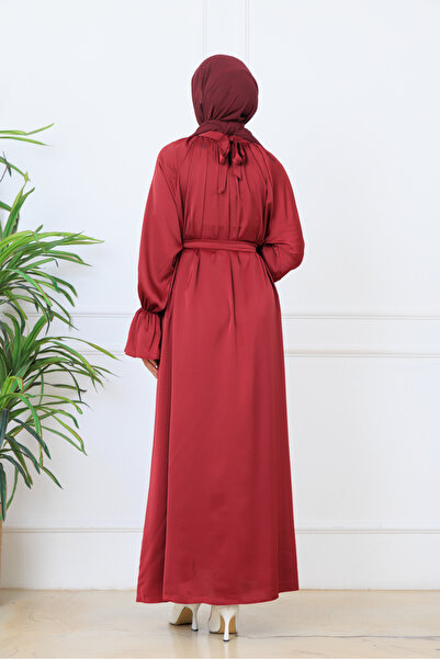 BARG FASHION Burgundy Satin Belted Flounce Sleeve Hijab Maxi Dress