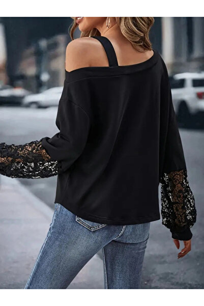 GENCULUS Women's Long Sleeve One Shoulder Open Strap Buckle and Lace Detail Viscose Two Thread Blouse