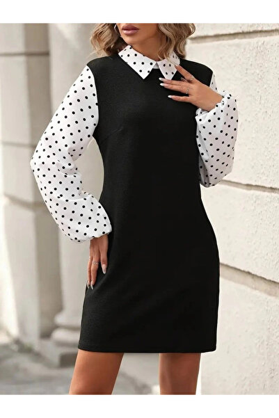 GENCULUS    Women's Long Sleeve Collared Sleeves and Lapel Polka Dot Detailed Imported Crepe Dress