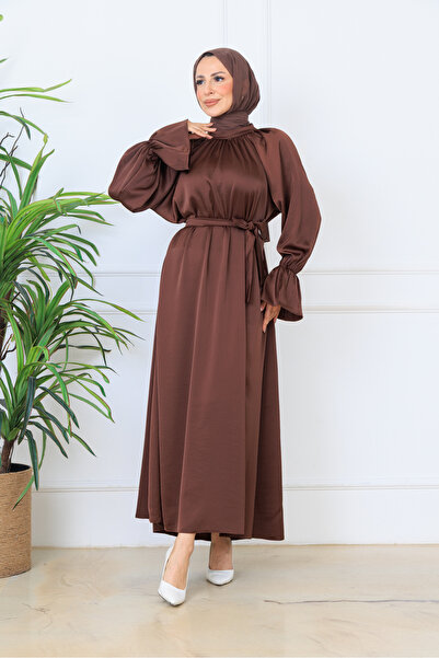 BARG FASHION Brown Satin Belted Flounce Sleeve Hijab Maxi Dress