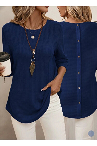 GENCULUS Women's Long Sleeve Round Neck Back Button Waffle Blouse