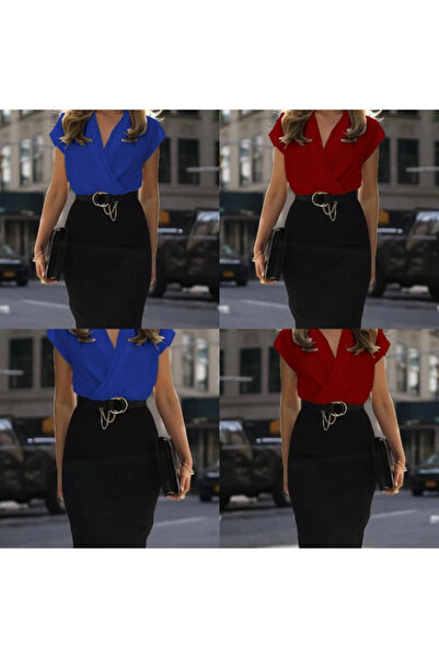 GENCULUS Women's Short Sleeve Double Breasted Crepe Dress (Without Belt)