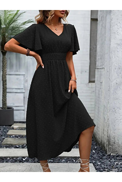 GENCULUS Women's Short Sleeve Flounced Sleeve Waist Gipped Jacquard Voile Midi Length Dress