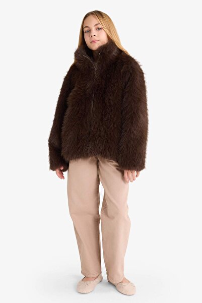 DeFacto Girl's Mock Neck Zipper Faux Faux Fur Coat G2763A825Wn
