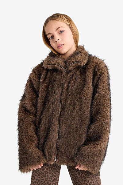 DeFacto Girl's Mock Neck Zipper Faux Faux Fur Coat G2763A825Wn