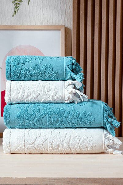 Bersay 4-Piece Turkish Bath Set 100% Cotton (2 Pieces 70X140 Size, 2 Pieces 50X90 Hand, Face, Hair Towels) with Tie, 1250Gr