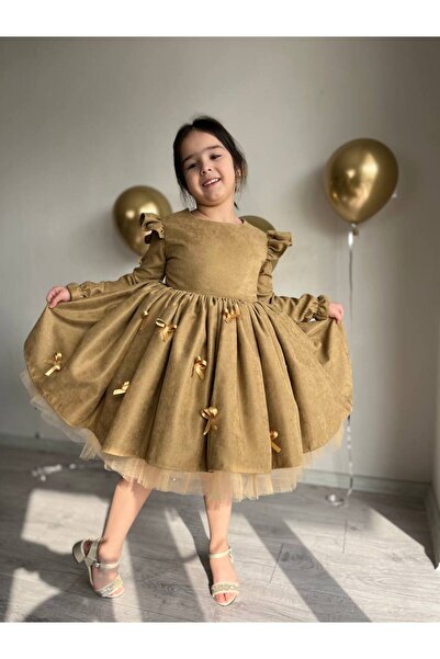 Sare Çocuk Giyim Deluxe Collection Girl's Brown Velvet Gold Bow Special Design Birthday Evening Dress