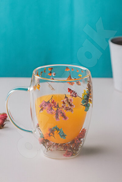 Destpak 350 ml Ribbed Glass - Floral Double Wall Glass - Hand-Resistant Glass Cup Borosilicate Heat Resistant