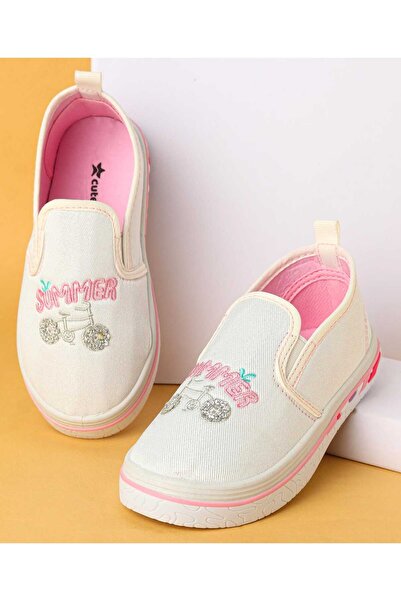 Cute Walk by Babyhug Slip On Casual Shoes with Cycle Embroidery - White/Pink