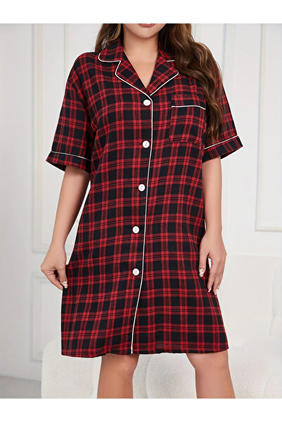 Take Two By Styli Women's Plus Size Checked Button Up Short Sleeve Knee Length Shirt Nightdress