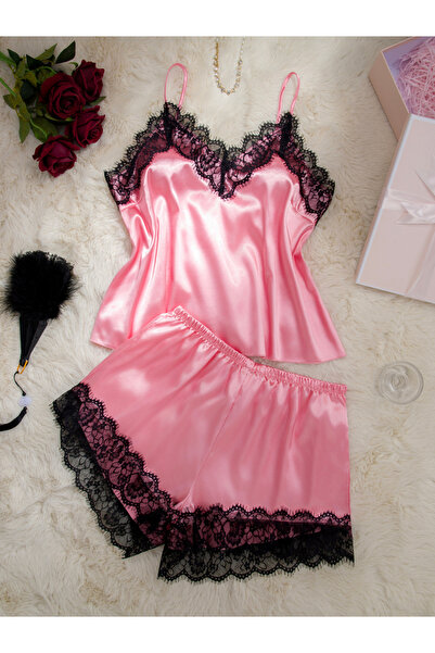 Take Two By Styli Women's Plus Size Lace Trim Cami Top With Shorts Pajama Set