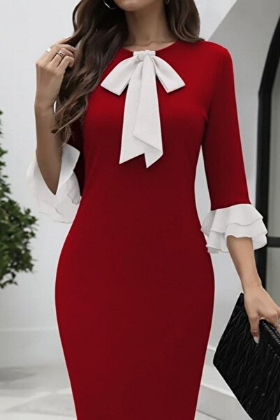 Mossta Bow Collar Flounce Sleeve Midi Imported Crepe Dress - Red