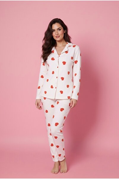 Free Beka Heart Pattern Long Sleeve Front Button Shirt Collar Women's Pajama Set