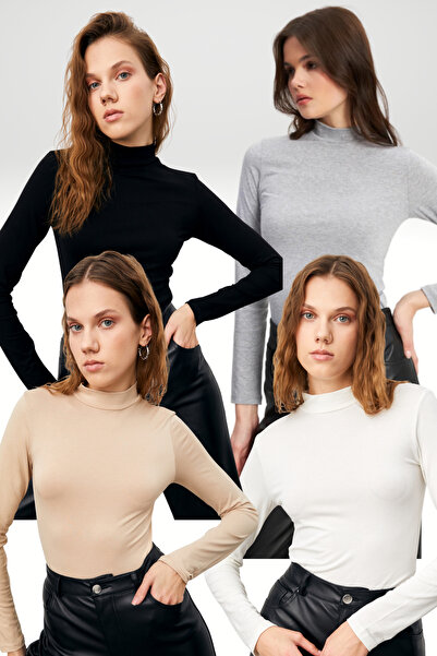Bipantolon Women's Light Gray Black Cream White 4-Piece Half Turtleneck Basic Bodysuit