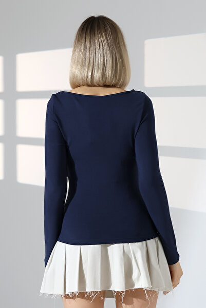 Endies Long Sleeve Boat Neck Gathered Side Bodycon Basic Women's Body T-Shirt 21951 Dark Blue