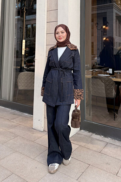 LOCCO Women's Sleeves and Collar Leopard Pattern Suit Navy Blue