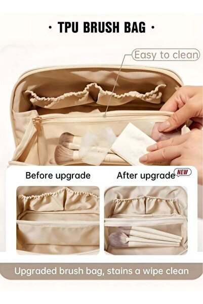 Generic Large Capacity Travel Cosmetic Bag, Waterproof PU Leather, Double-Layer, Handle, Brush Holders