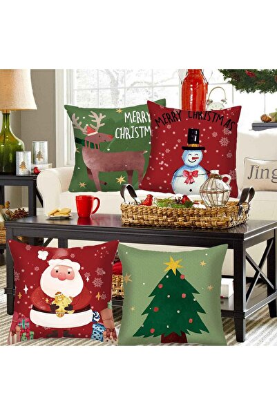 Generic 4 Pack Christmas Pillow Covers 45x45cm 18x18 Set Reindeer Snowman Tree Cushion Case Home Decor