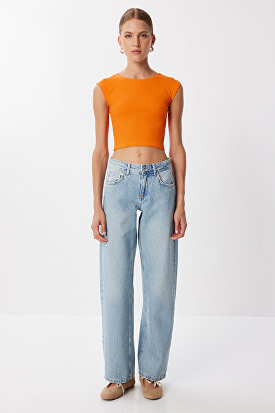 Lovelyİstanbul Basic Corded Fabric Knitted Crop Blouse Lmx0122 Orange