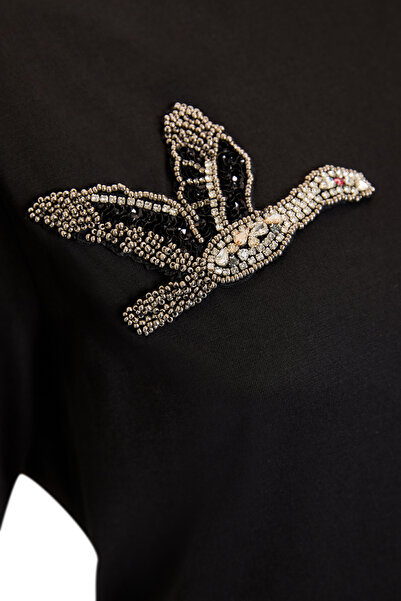 Exquise Crew Neck Bird Embroidered Short Sleeve Knitted T-Shirt