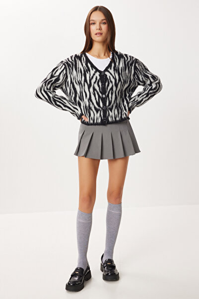 Lovelyİstanbul Wool Effect Patterned Knitwear Cardigan Lxa0015 Black Ecru