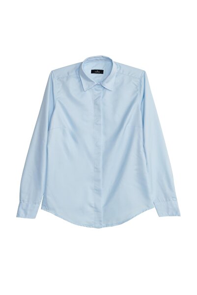 Tudors Women's Slim Fit Slim Fit Body Fitting Long Sleeve Hidden Button Detailed Blue Basic Shirt