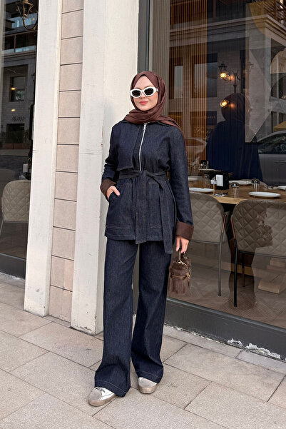 LOCCO Women's Sleeves Suede Detail Suit Navy Blue